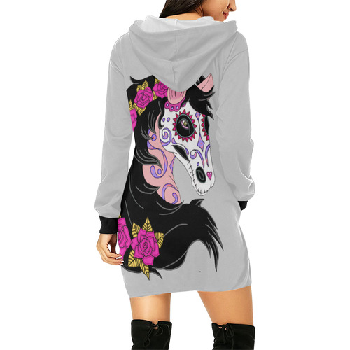 Sugar Skull Horse Pink Roses Lt Grey All Over Print Hoodie Mini Dress (Model H27)