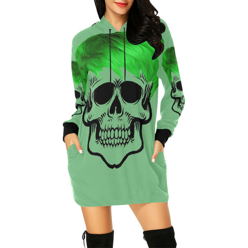 funny Skull, green All Over Print Hoodie Mini Dress (Model H27)