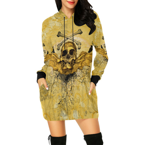 Awesome skull in golden colors All Over Print Hoodie Mini Dress (Model H27)