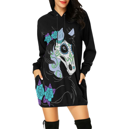 Sugar Skull Horse Turquoise Roses Black All Over Print Hoodie Mini Dress (Model H27)