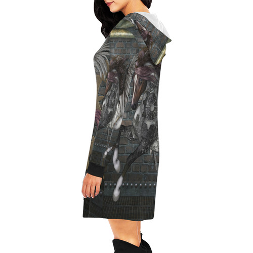 Steampunk, awesome steampunk horse with wings All Over Print Hoodie Mini Dress (Model H27)