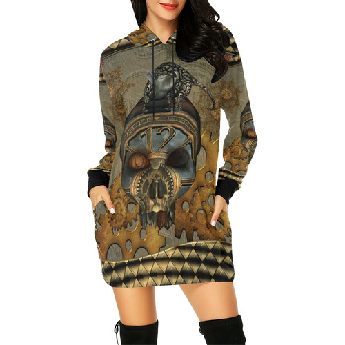Awesome steampunk skull All Over Print Hoodie Mini Dress (Model H27)