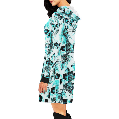 cloudy Skulls white aqua by JamColors All Over Print Hoodie Mini Dress (Model H27)