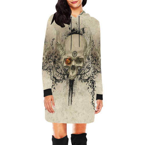 Amazing skull with wings,red eye All Over Print Hoodie Mini Dress (Model H27)