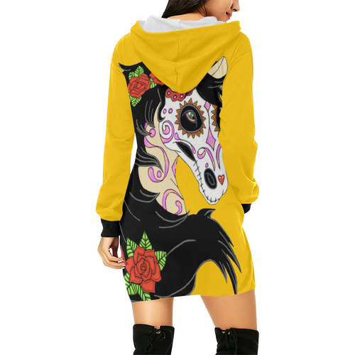 Sugar Skull Horse Red Roses Yellow All Over Print Hoodie Mini Dress (Model H27)