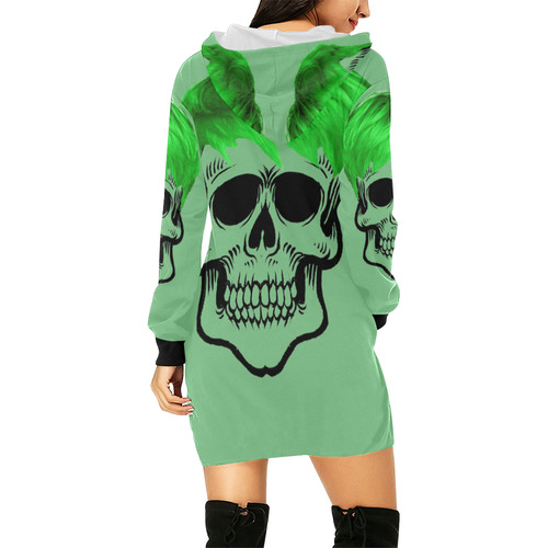 funny Skull, green All Over Print Hoodie Mini Dress (Model H27)