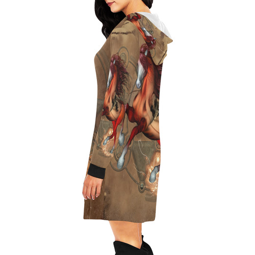 Wonderful horse with skull, red colors All Over Print Hoodie Mini Dress (Model H27)