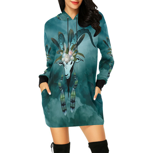 The billy goat with feathers and flowers All Over Print Hoodie Mini Dress (Model H27)