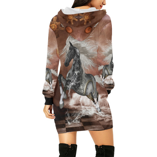 Amazing steampunk horse, silver All Over Print Hoodie Mini Dress (Model H27)