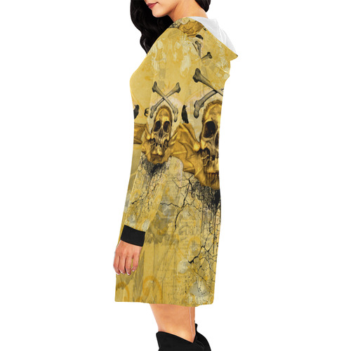 Awesome skull in golden colors All Over Print Hoodie Mini Dress (Model H27)
