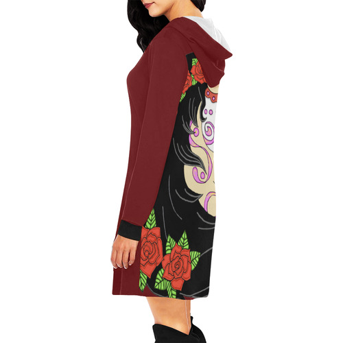 Sugar Skull Horse Red Roses Dark Red All Over Print Hoodie Mini Dress (Model H27)