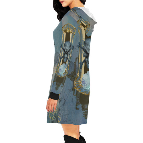 The blue skull with crow All Over Print Hoodie Mini Dress (Model H27)