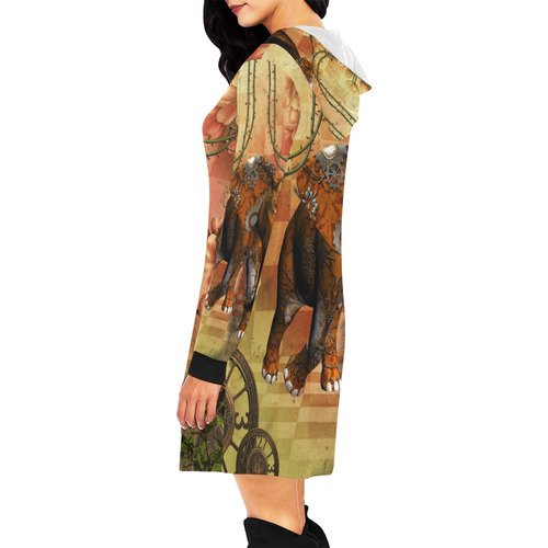 Steampunk, awesome steampunk elephant All Over Print Hoodie Mini Dress (Model H27)