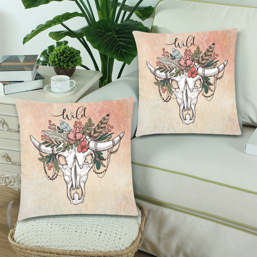 Wild Skull Boho Custom Zippered Pillow Cases 18"x 18" (Twin Sides) (Set of 2)