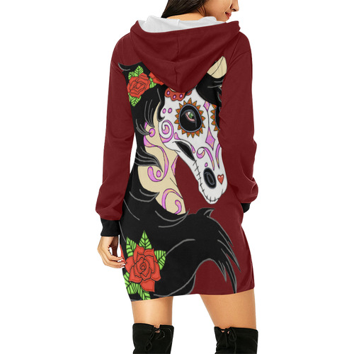 Sugar Skull Horse Red Roses Dark Red All Over Print Hoodie Mini Dress (Model H27)