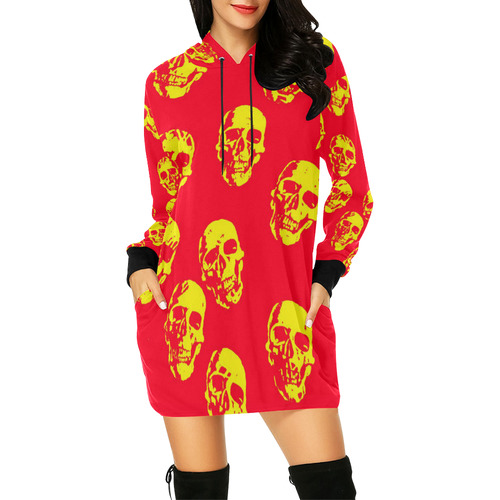 hot skulls, red yellow by JamColors All Over Print Hoodie Mini Dress (Model H27)