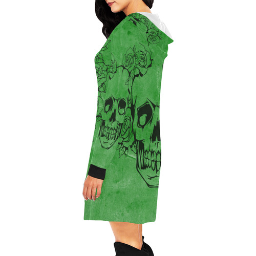 Skull with roses, green All Over Print Hoodie Mini Dress (Model H27)