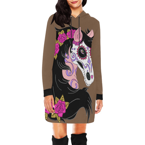 Sugar Skull Horse Pink Roses Brown All Over Print Hoodie Mini Dress (Model H27)