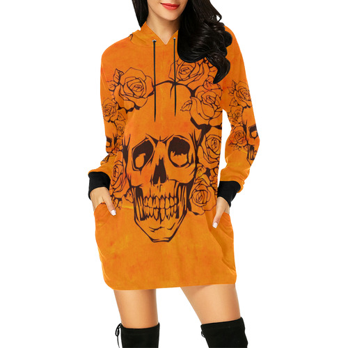 Skull with roses,orange All Over Print Hoodie Mini Dress (Model H27)
