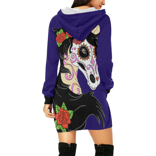 Sugar Skull Horse Red Roses Dark Blue All Over Print Hoodie Mini Dress (Model H27)