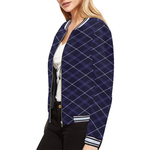 blue plaid All Over Print Bomber Jacket for Women (Model H21)