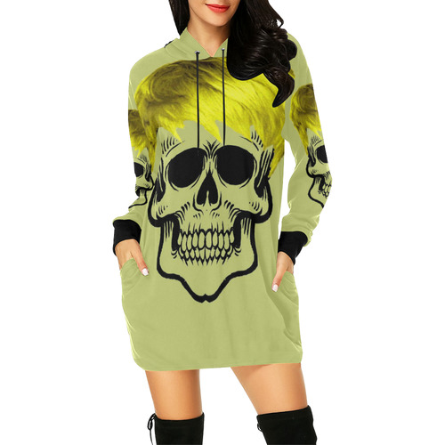 funny skull, yellow All Over Print Hoodie Mini Dress (Model H27)