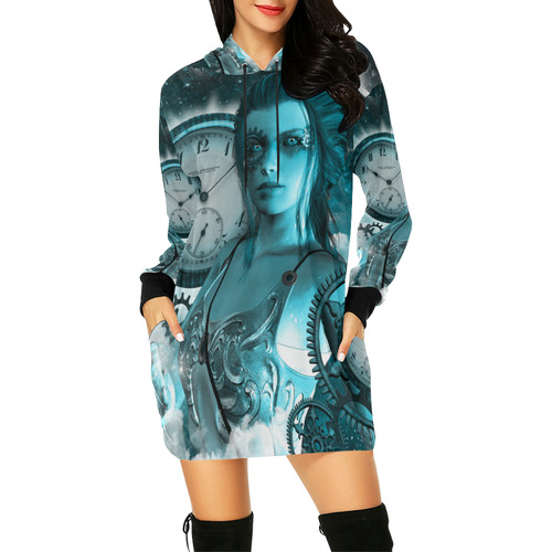 Steampunk lady, clocks and gears All Over Print Hoodie Mini Dress (Model H27)