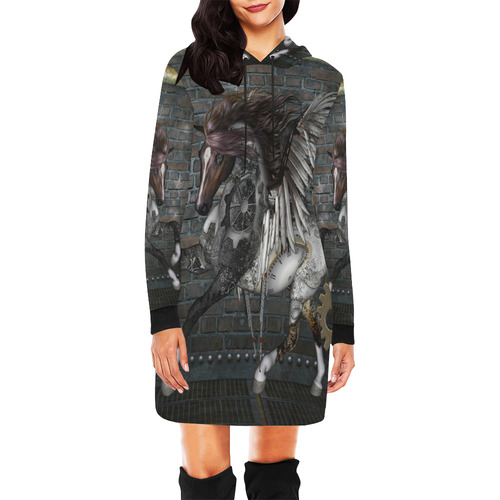 Steampunk, awesome steampunk horse with wings All Over Print Hoodie Mini Dress (Model H27)