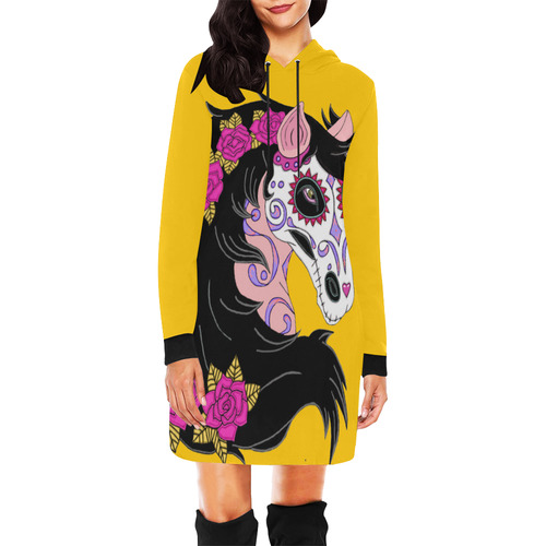 Sugar Skull Horse Pink Roses Yellow All Over Print Hoodie Mini Dress (Model H27)