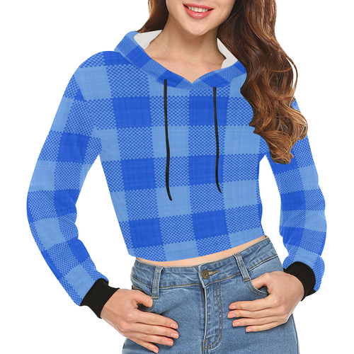 Soft Blue Plaid All Over Print Crop Hoodie for Women (Model H22)
