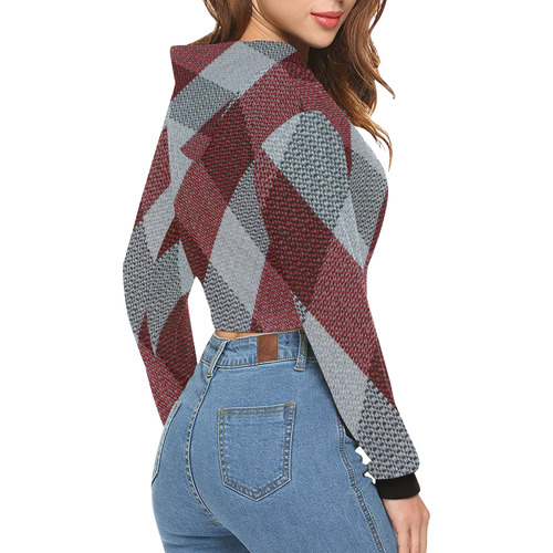 Red Grey Plaid All Over Print Crop Hoodie for Women (Model H22)