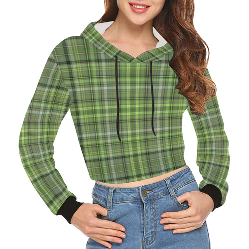 Shades of Green Plaid All Over Print Crop Hoodie for Women (Model H22)