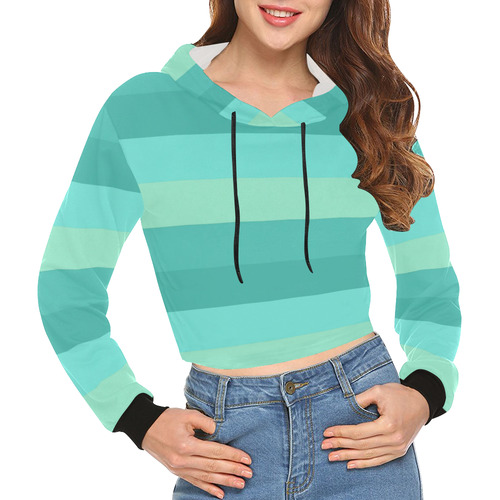 Shades Of Green Stripes All Over Print Crop Hoodie for Women (Model H22)