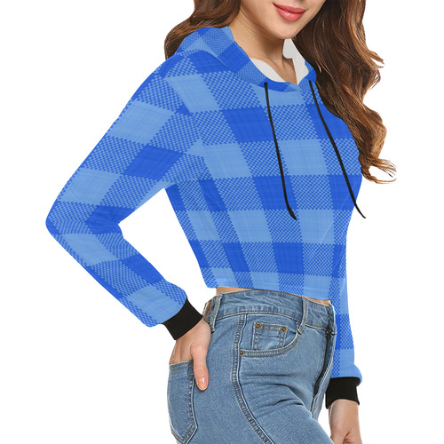 Soft Blue Plaid All Over Print Crop Hoodie for Women (Model H22)