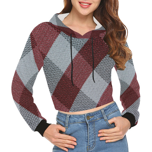 Red Grey Plaid All Over Print Crop Hoodie for Women (Model H22)