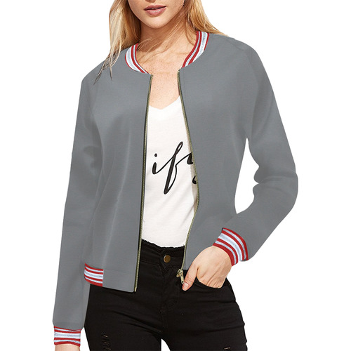 dark gray grey with red accent stripes All Over Print Bomber Jacket for Women (Model H21)