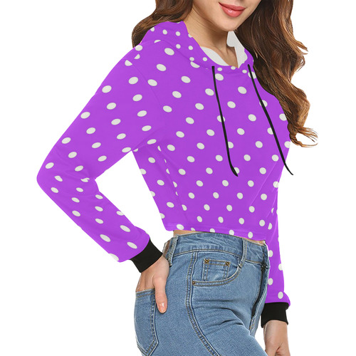 Royal Purple White Dots All Over Print Crop Hoodie for Women (Model H22)