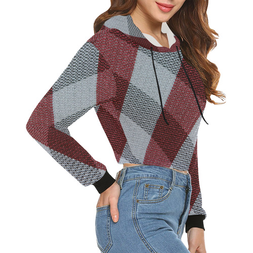 Red Grey Plaid All Over Print Crop Hoodie for Women (Model H22)