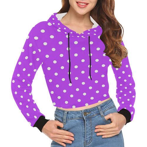 Royal Purple White Dots All Over Print Crop Hoodie for Women (Model H22)