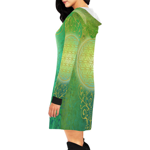 Symbol FLOWER OF LIFE vintage gold green All Over Print Hoodie Mini Dress (Model H27)