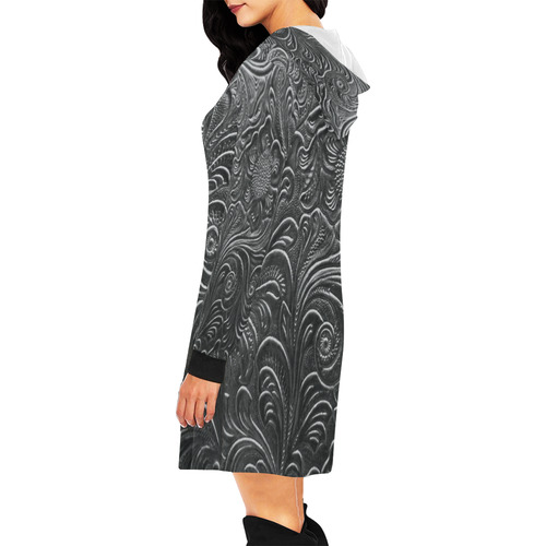 Embossed Silver Flowers All Over Print Hoodie Mini Dress (Model H27)