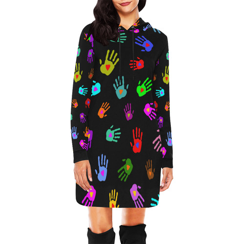 Multicolored HANDS with HEARTS love pattern All Over Print Hoodie Mini Dress (Model H27)