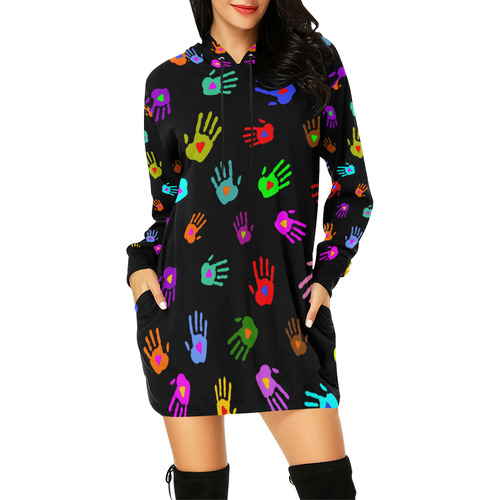 Multicolored HANDS with HEARTS love pattern All Over Print Hoodie Mini Dress (Model H27)