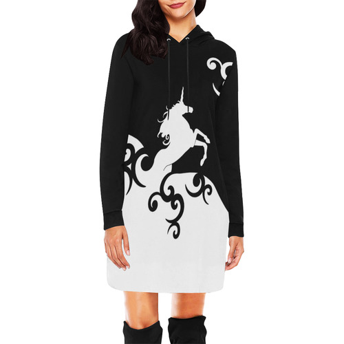 Black and White Shadowworld of Unicorns All Over Print Hoodie Mini Dress (Model H27)