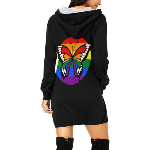 Dot Rainbow Flag Stripes Butterfly Silhouette All Over Print Hoodie Mini Dress (Model H27)