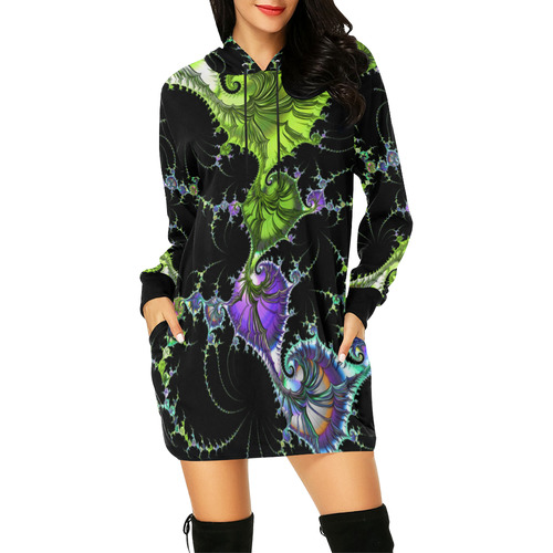 SPIRAL Filigree FRACTAL black green violet All Over Print Hoodie Mini Dress (Model H27)