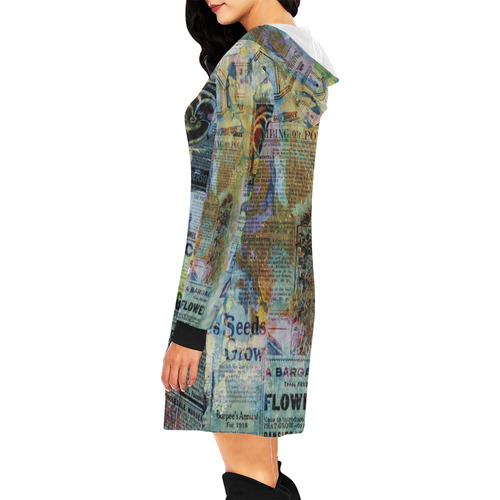 Old Newspaper Colorful Painting Splashes All Over Print Hoodie Mini Dress (Model H27)