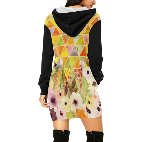 Watercolor Flowers Triangles Orange Yellow Green All Over Print Hoodie Mini Dress (Model H27)