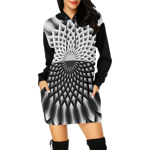 Lotus Flower Mandala Black Grey White All Over Print Hoodie Mini Dress (Model H27)