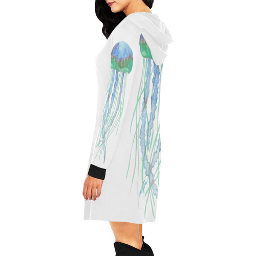 Watercolore JELLY FISH Blue Lilac Green All Over Print Hoodie Mini Dress (Model H27)